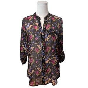 KUT Small Black Floral Blouse Jasmine Chiffon Festival Sheer Button-Up Blouse